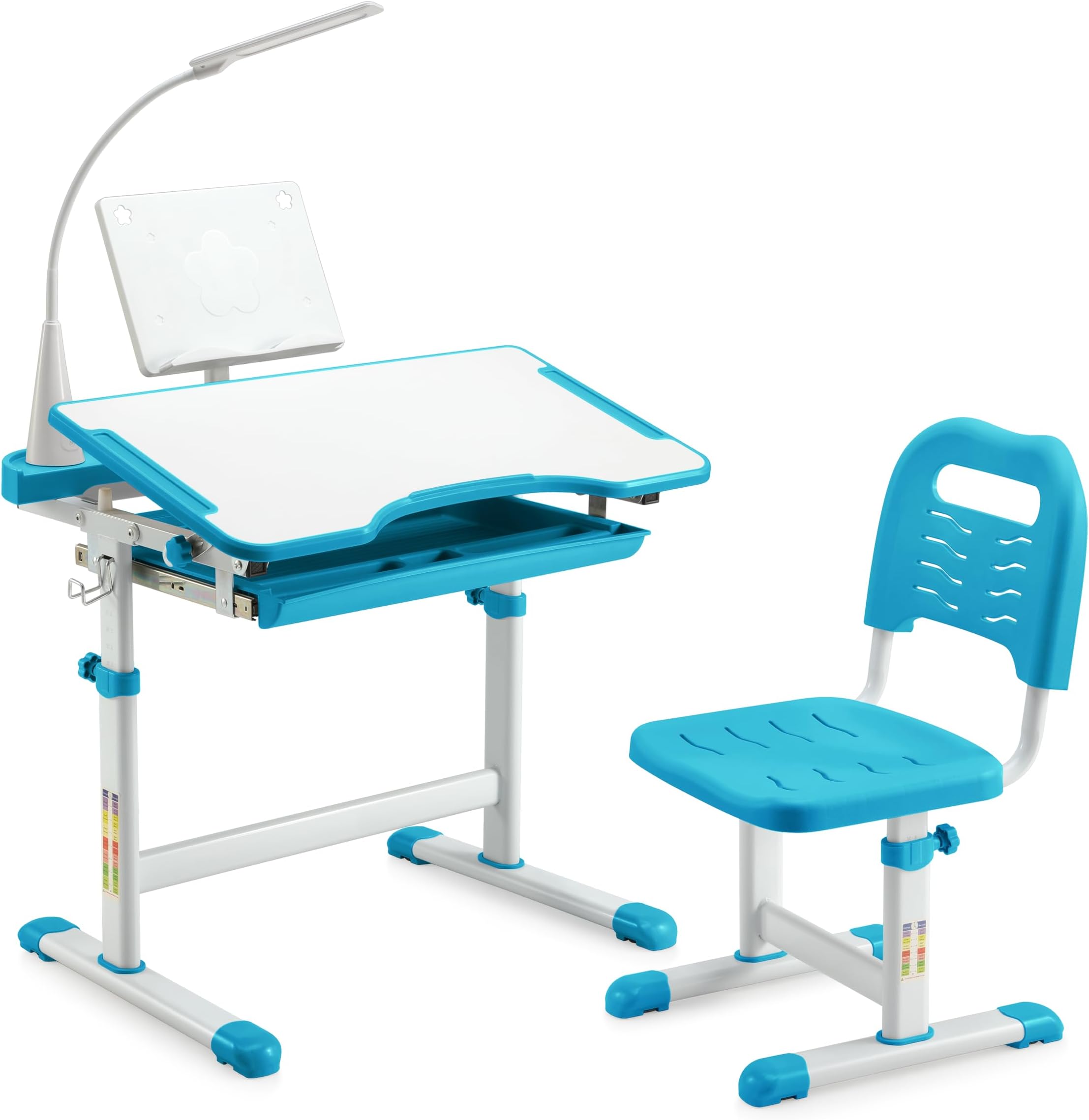 Diroan Kids Functional Desk and Chair Set, Ergonomic Height Adjustable Children School Study Desk with Tilt Desktop, Book Stand, LED Light, Metal Hook and Storage Drawer for Boys Girls(Blue)
