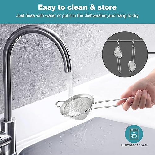 Miniatura 6 de Paquete de 2 coladores de malla fina, pequeños tamices de acero inoxidable con asas, para remojar té de hojas sueltas, colar cóctel, jugo y tamizar