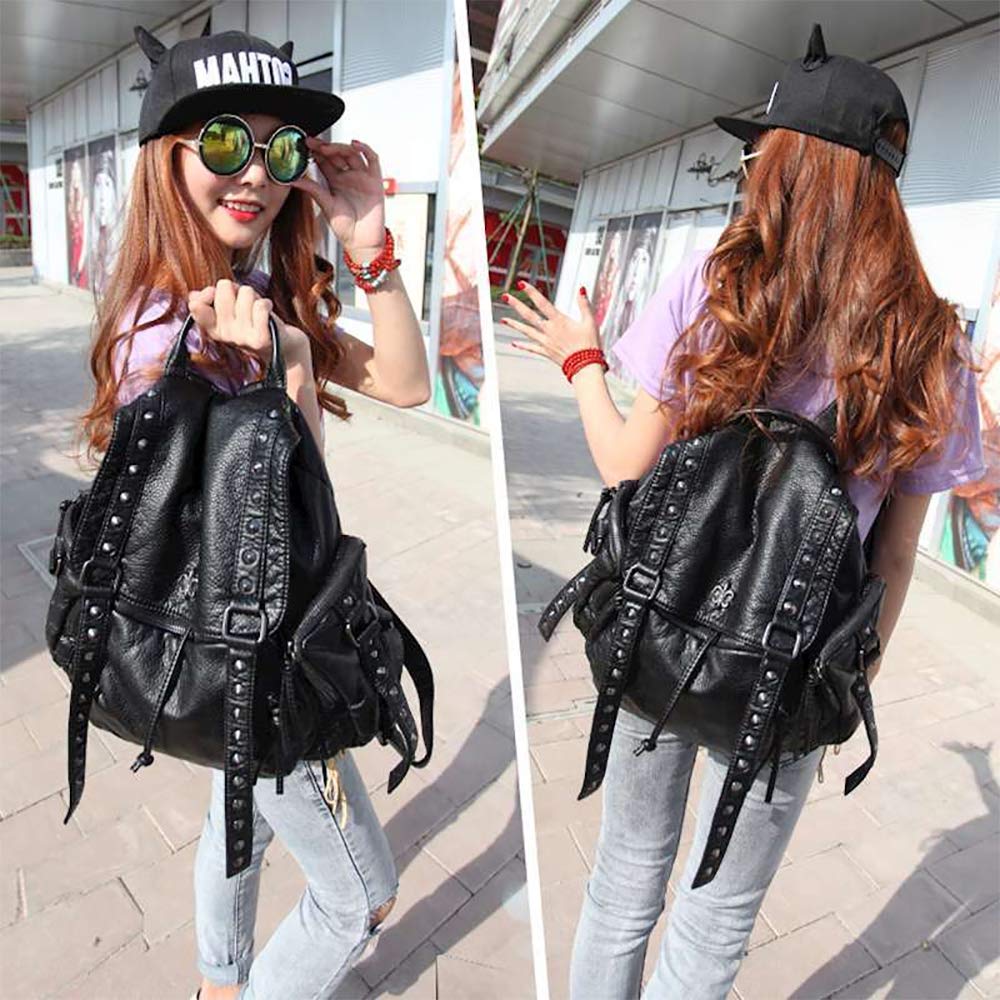 Punk Bolso Mochila Grande con Remache para Mujer Mochilas Tipo Casual para Adolescente Niña en Cuero de PU Negra