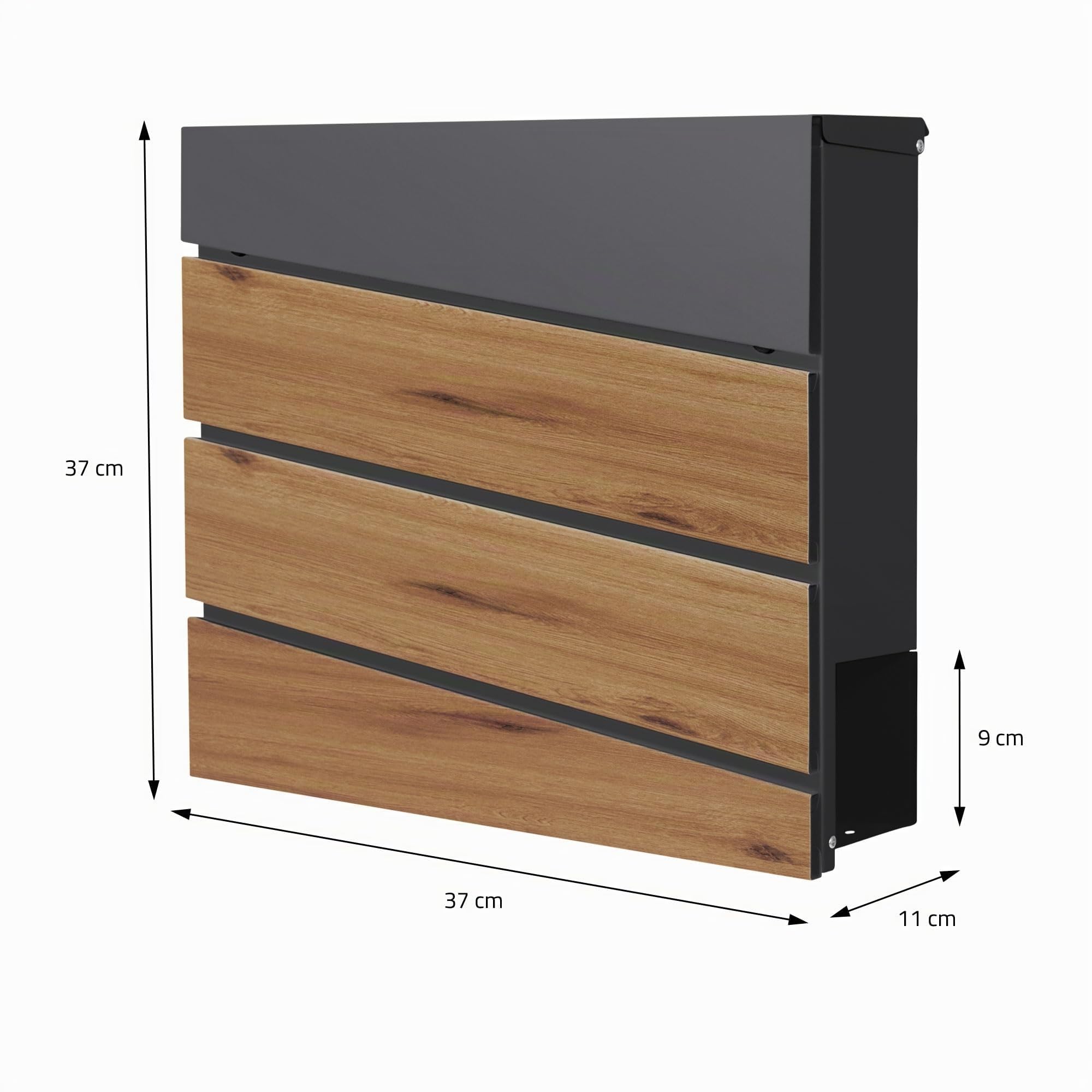 ML-Design Cassetta Postale Montaggio a Parete Muro Esterno 37 x 36,5 x 11 cm in Acciaio Antracite/Aspetto Legno Buca delle Lettere con Scomparto Porta Giornali Stile Moderno con Serratura e 2 Chiavi
