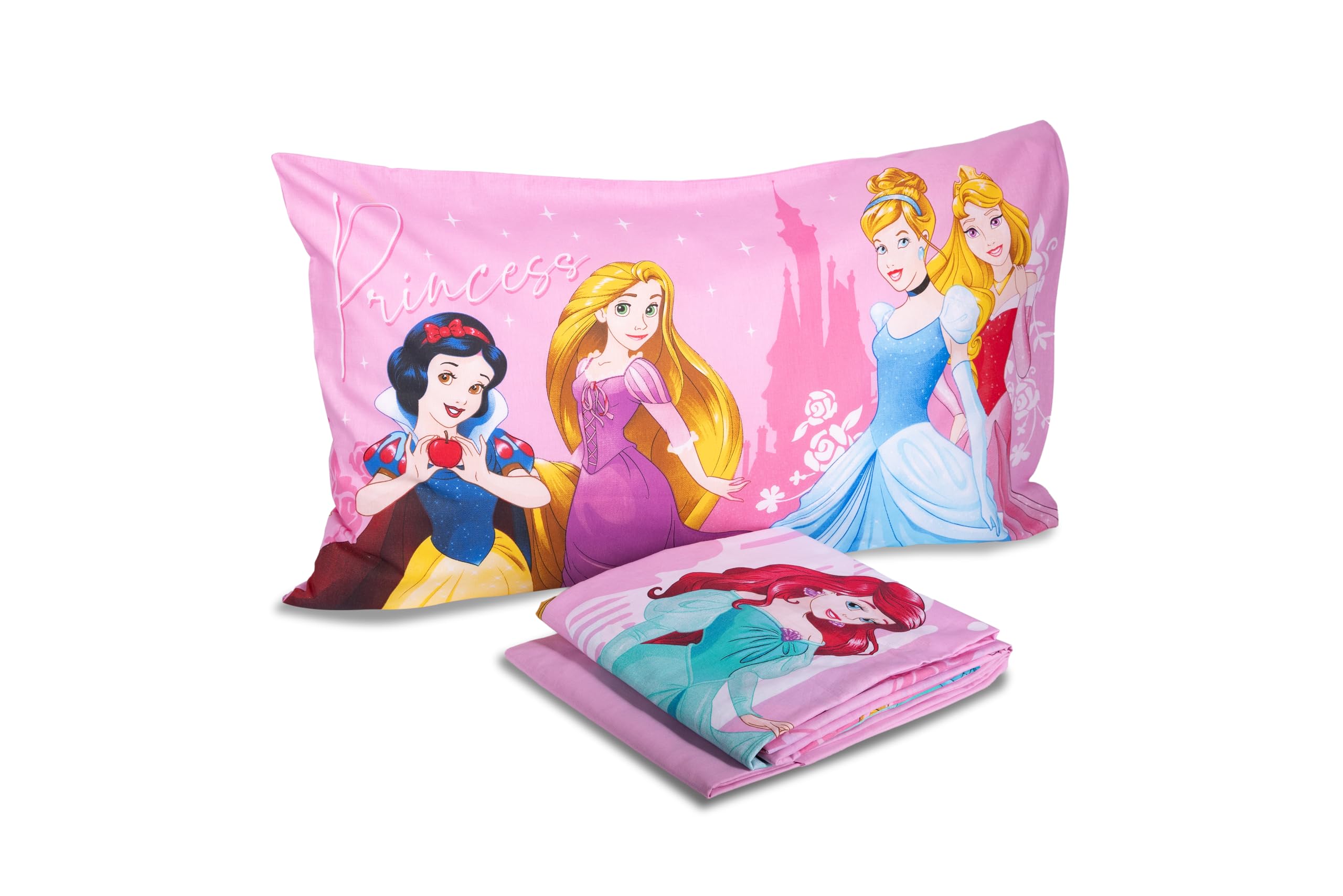 Princess, Parure de lit 1 Place Disney, Drap de Dessus, Drap de Dessus, taie d'oreiller, Rose, Disney, 100% Coton, Produit Officiel
