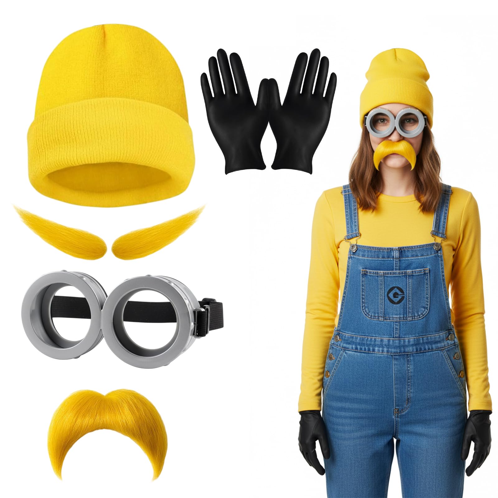 JaiZvt Yellow Costume, Costume Accessory, 4 Pcs Accessories Includes Hat, Glasses, Gloves and Eyebrow Beard, for Halloween Parties and Cosplay Events Cute Funny for Cosplay Party