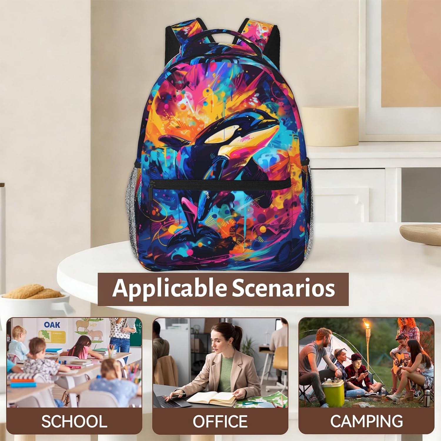 Colorful Whale Backpack, Lightweight Polyester Travel Work School Camping Daypack, Vibrant Back Pack, Marine Life Orca Backpacks, Book Packs Gifts for Kids Girls Boys, 11.4×5.9×15.7 Inch