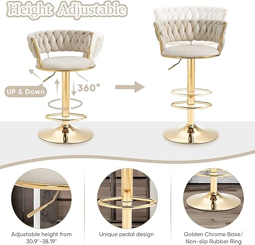Miniatura 7 de Deolme Juego de 3 taburetes de bar verde oliva, taburetes de bar giratorios ajustables de altura de mostrador, sillas de bar de terciopelo,