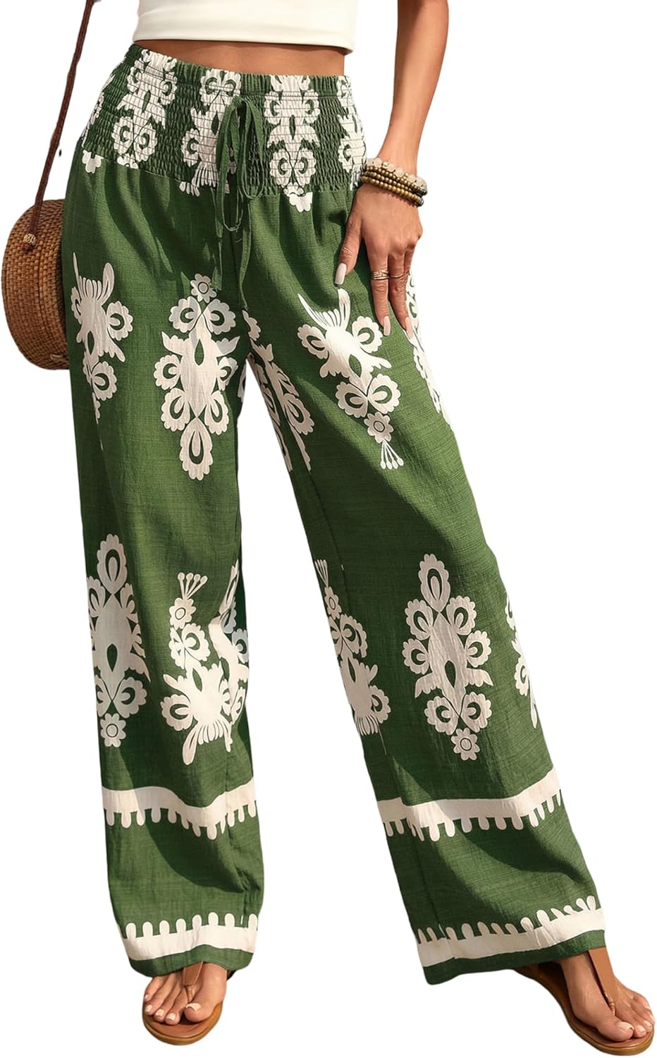 ZAFUL Boho Pants for Women Floral High Waisted Wide Leg Palazzo Pants Summer Trendy Casual Lounge Pants Women Vacation