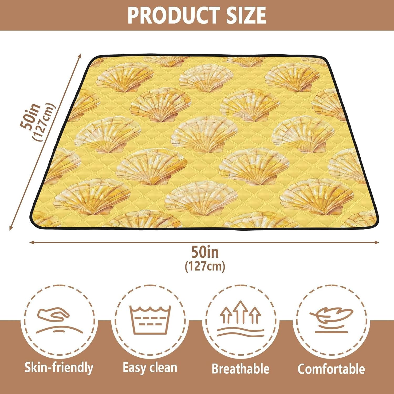 Baby Play Mat Yellow Seashells Summer Sea 50 x 50 Playpen Mats for Floor Play Gym Crawling Mat Non-Slip Cushioned Baby Playmat for Infants, Babies, Toddlers