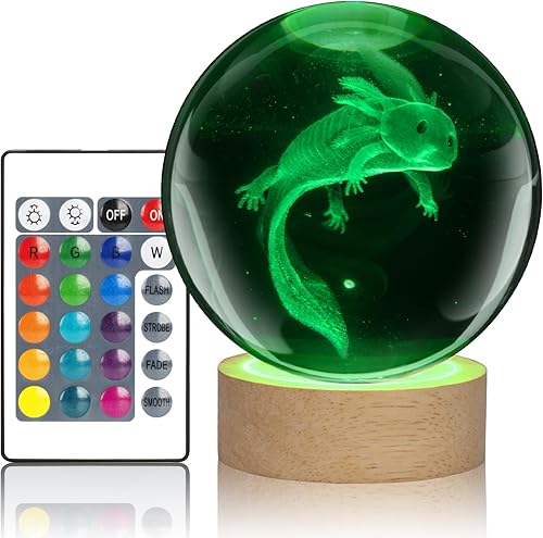Aoyosic Valentine's Day Gift for Kids, 3D Axolotl Crystal Ball Night Light with 16 Color LED Wooden Base, Axolotl Glass Ball Lamps with Remote for Aoyosic Valentine's Day Gift for Kids, 3D Axolotl Crystal Ball Night Light with 16 Color LED Wooden Base, Axolotl Glass Ball Lamps with Remote for
