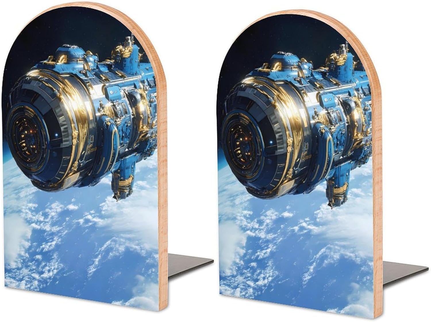 Steam Punk Spaceship Cute Wood Book Ends Decorative Bookends 1 Pair Non-Skid for Shelves Home Office 7 X 5 Inch