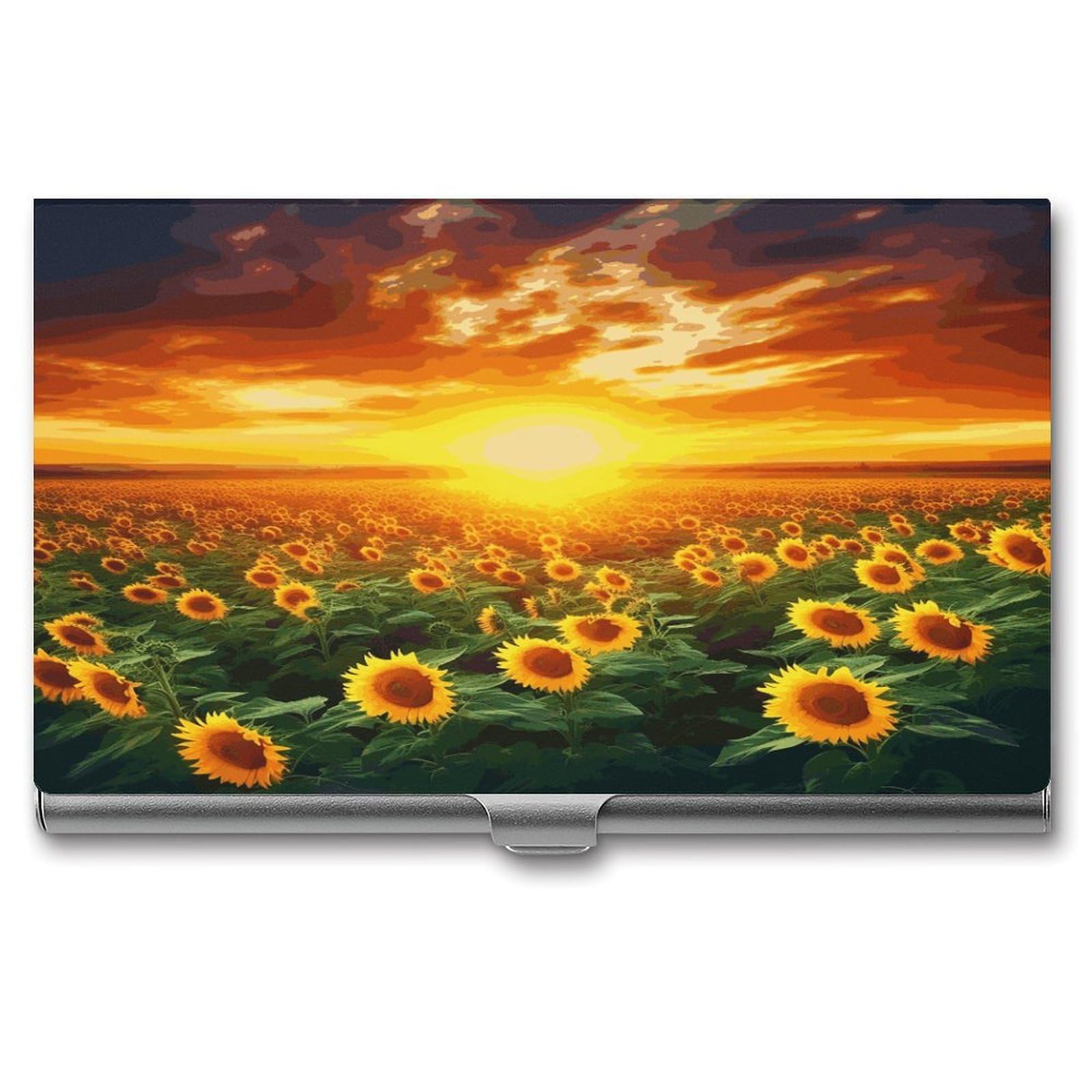 JTREHY Dreamlike Sunset Of A Sunflower Field Business Card Holder Slim Purse Name Card Holder Portable Metal Business Card Case Wallet Large Capacity Lightweight Business Card Case for Men Women