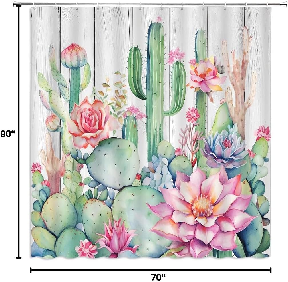 Rustic Cactus Shower Curtain Cacti Desert Succulent Tropical Flower Green Plant Wooden Board Fabric Bathroom Decor Curtains with Hooks,90 x 70