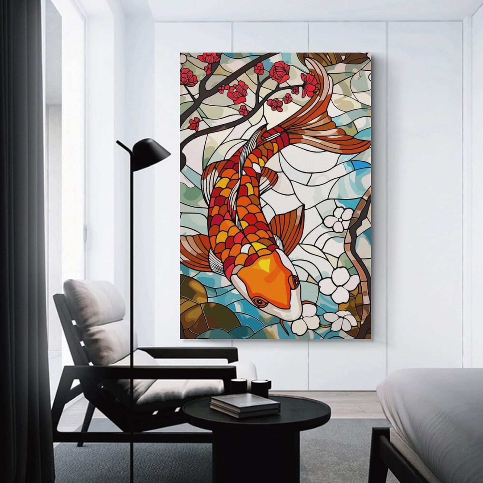 Junmoney Stained Glass Koi Fish And Cherry Blossoms Canvas Wall Decor, 12x18inch(30x45cm), for Gallery Wall Decor And Room Displays, Wall Decor Suited to Curated Displays