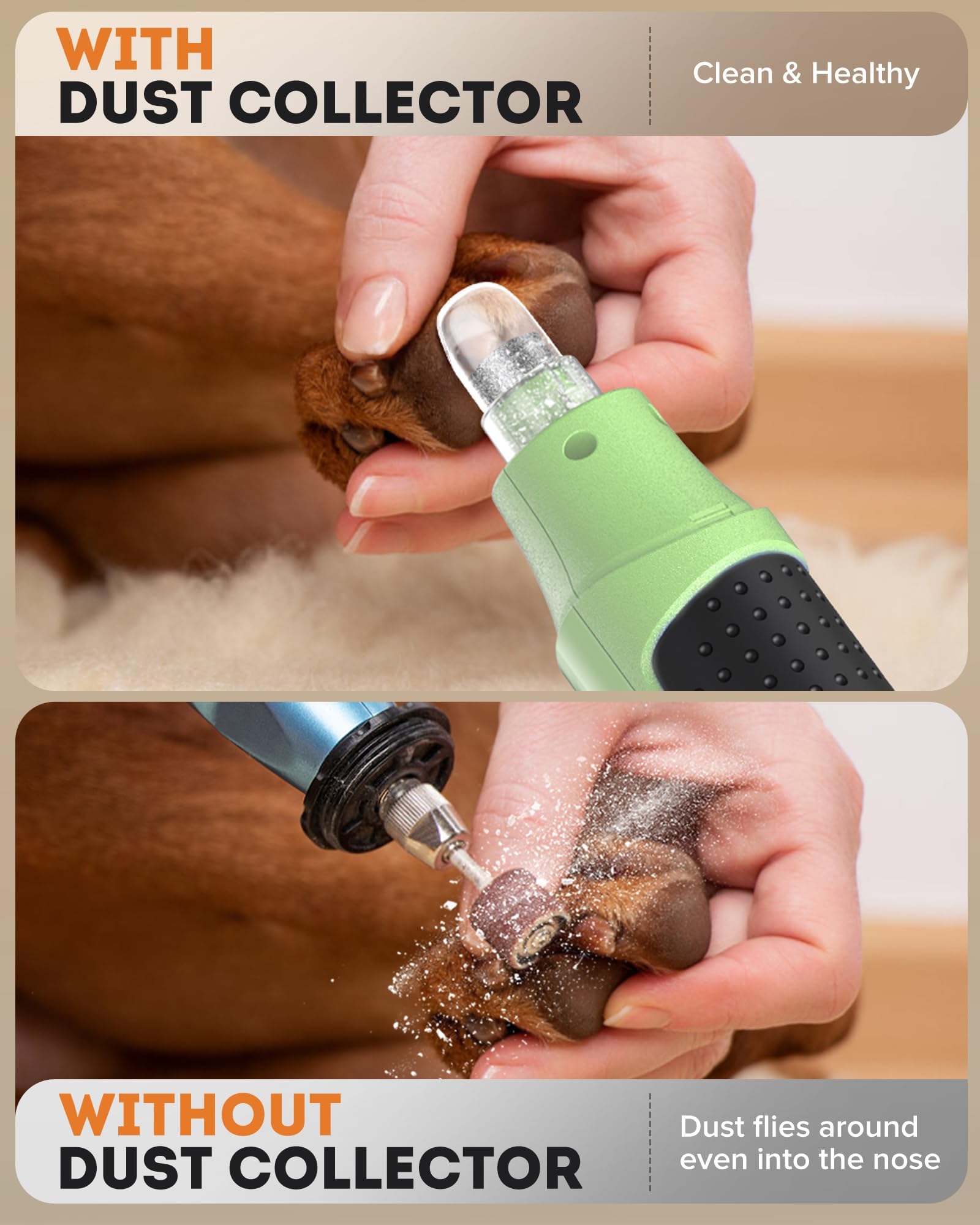 YABIFE Molinillo de uñas para perros de 7 velocidades con luz LED, cortador de uñas eléctrico ultra silencioso para perros y gatos grandes, herramienta de aseo profesional con colector de polvo