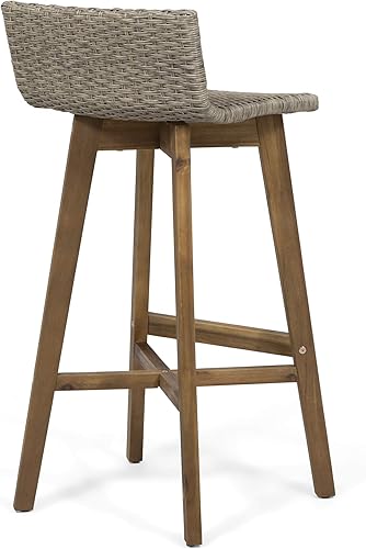 Miniatura 6 de GDFStudio Taburetes de bar de madera y mimbre para exteriores (juego de 4), marrón claro y teca