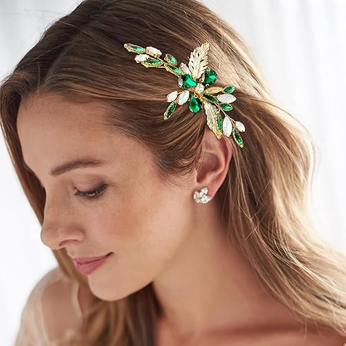 Miniatura 10 de BETITETO Peine de cristal para el cabello nupcial para boda, hoja de vid dorada con diamantes de imitación, accesorios para mujeres y niñas (verde)