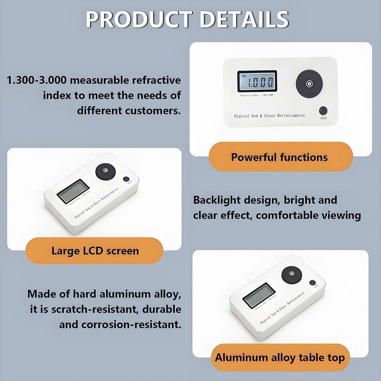 Rifrattometro portatile, tester professionale per gioielli con display LCD e batteria, indice di rifrazione 1,300-3,000, precisione 0,001