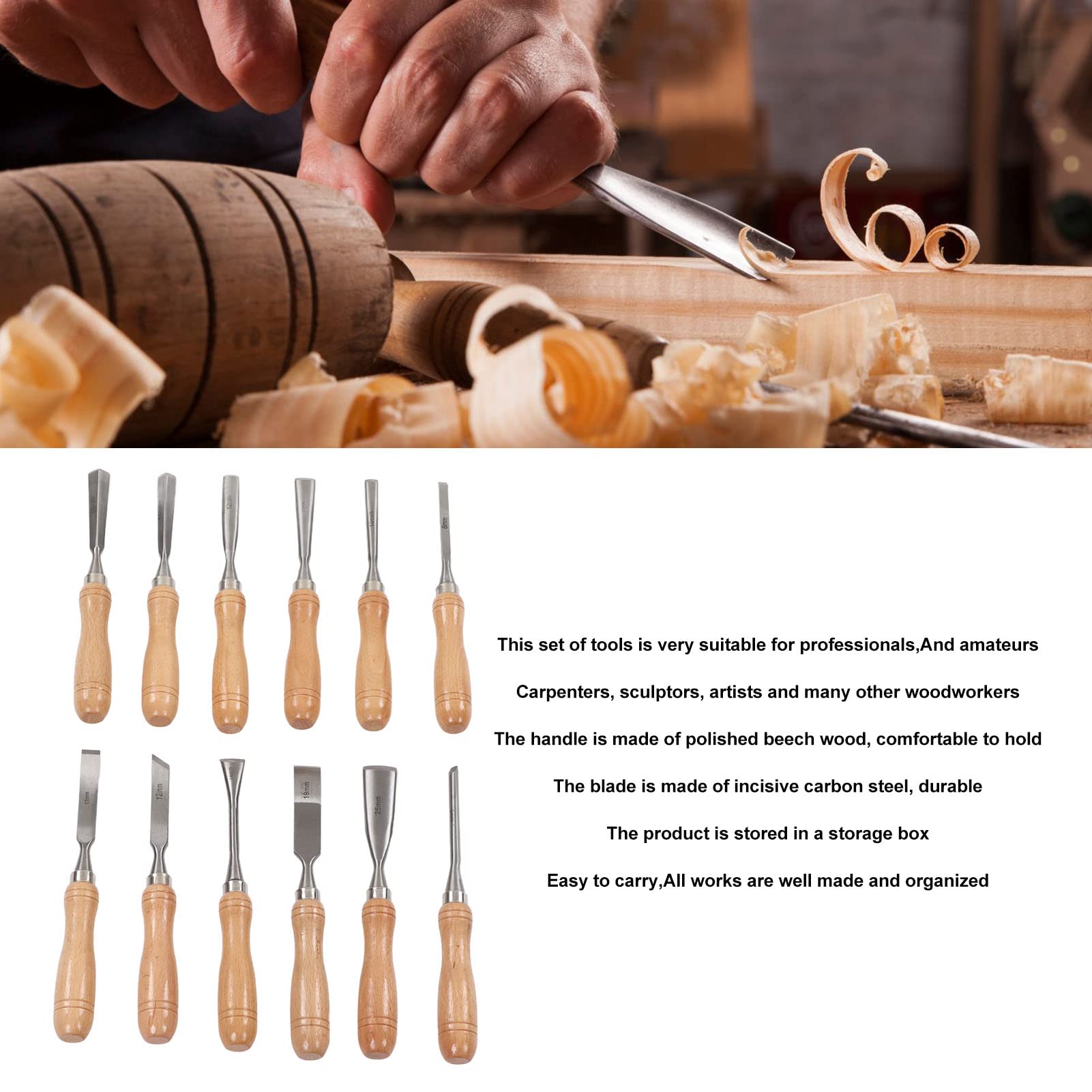 12 pezzi di scalpelli in legno, scalpelli intagliati in legno in acciaio al carbonio, scalpello a mano intagliato, scalpelli a mano in legno, strumenti di intaglio in legno per la