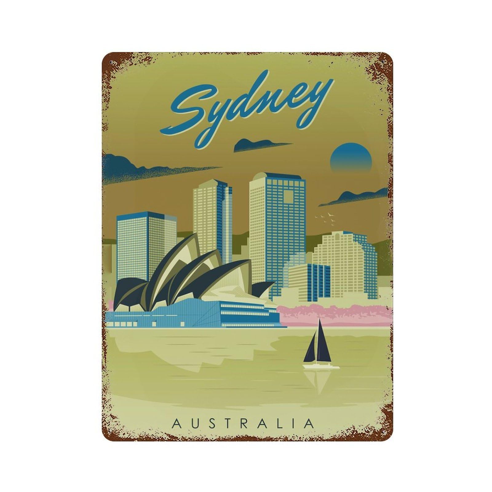 Distressed Metal Wall Sign Sydney Australia Travel 2 15.7"x11.8", Vintage Wall Decor for Garage, Bar And Workshop Decor