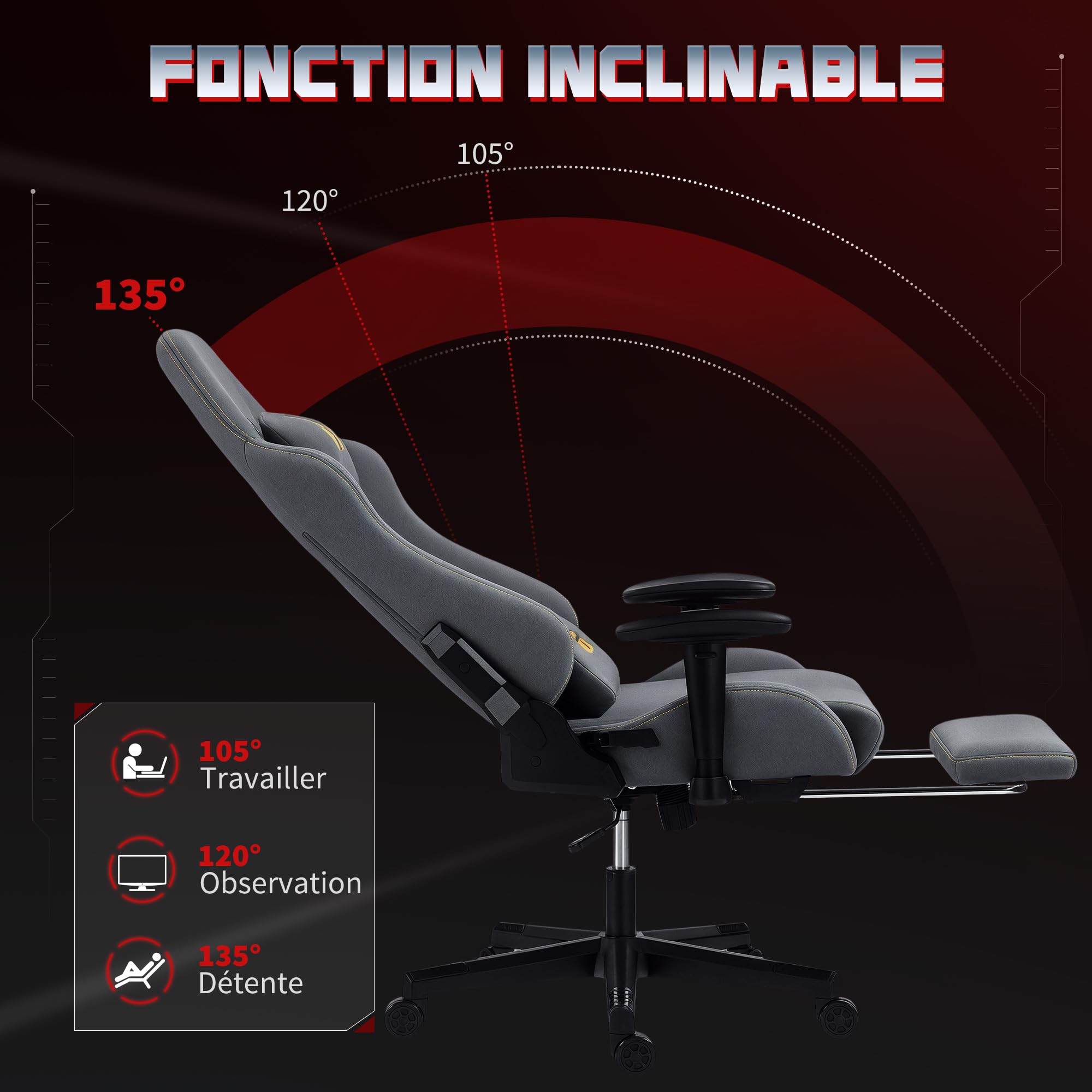 HOMCOM Chaise Gaming Ergonomique avec accoudoirs réglables, Fauteuil Gamer en suède avec Dossier inclinable, Hauteur réglable, Repose-Pieds, Appui-tête, Soutien Lombaire et pivotant à 360°, Gris