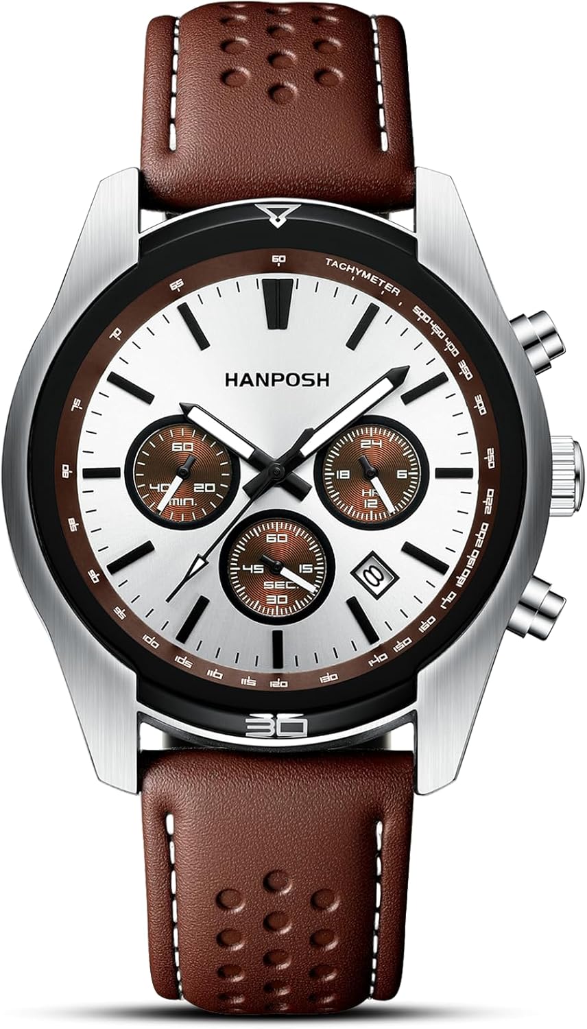 HANPOSH Mens Watches Stainless Steel Analog Quartz Chronograph Waterproof Wrist Watches for Men Luminous Luxury Fashion Business Casual Men's Wrist Watch with Date Leather Starp