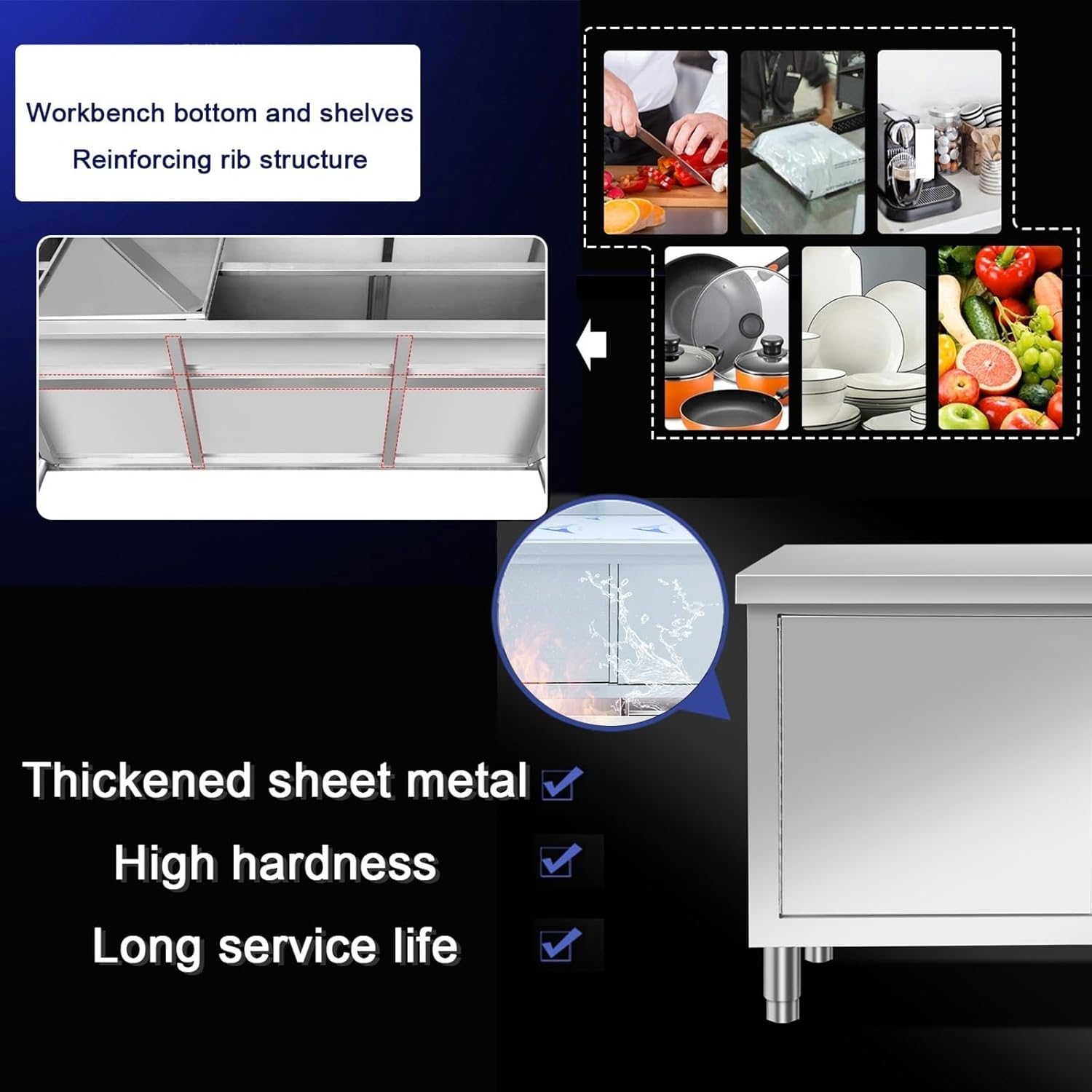 Stainless Steel Workbench 2-Panel Sliding Door Dual-Track Kitchen Work Table Single-Tier Shelving with Back Panel Generous Storage Capacitility Includes Upright Frame Adjustable Feet