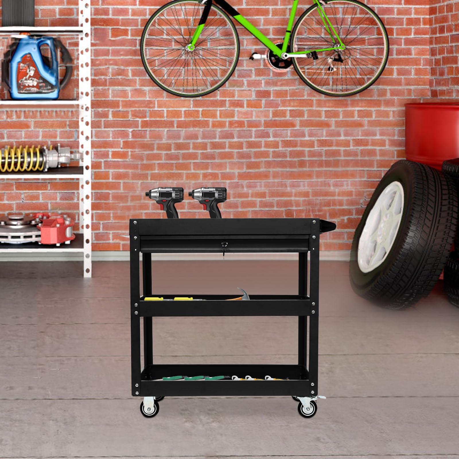 Carro de herramientas con ruedas y 3 plataformas de carga, con capacidad de carga hasta 150 kg, para todos los entornos, 76.3 x 35.3 x 83.5 cm, Negro HarBin-Star - Carro de herramientas