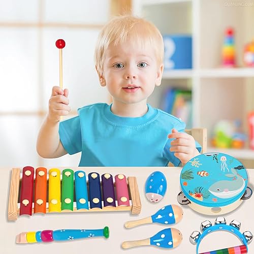 Miniatura 5 de Juego de instrumentos musicales de madera para niños pequeños de 1 a 3 años, instrumentos de percusión de madera natural, juego de regalo de