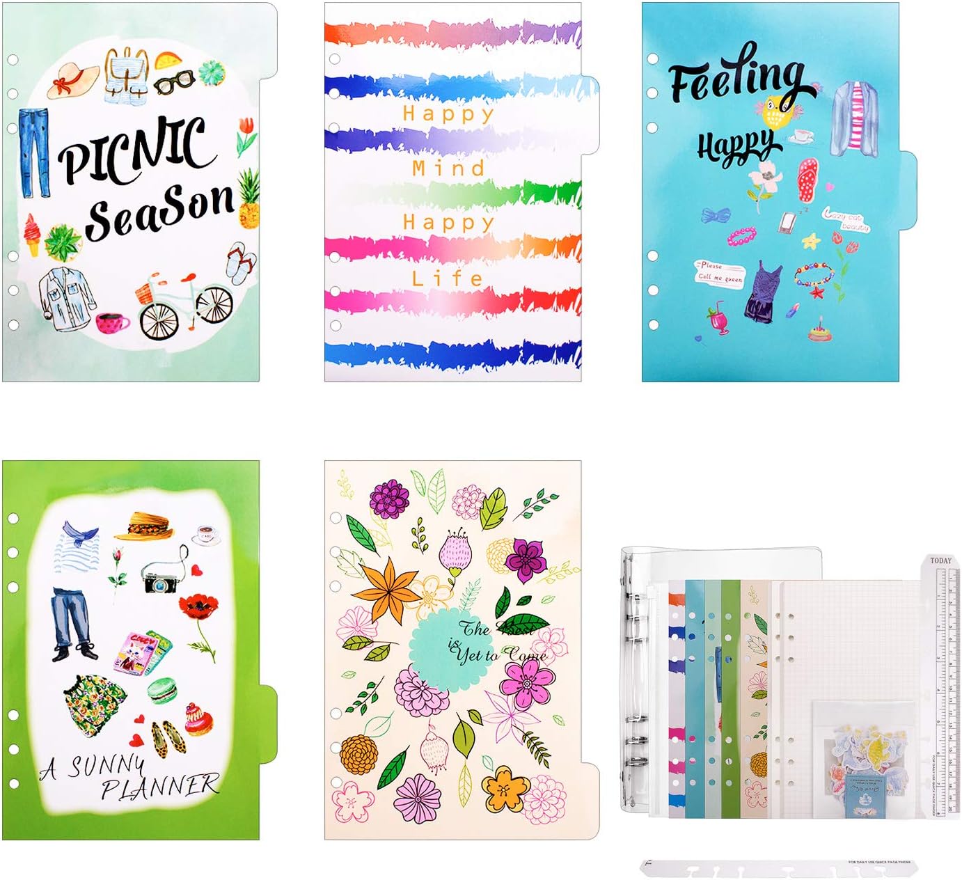 A5 Refillable Notebook Set with 6-Holes Loose-Leaf Squared Paper Blank Page,6 Pcs PVC Binder Index Dividers,Zip Lock Envelope, Ruler and 70pcs Sticker Decoration for Planner,Diary(Sunny)