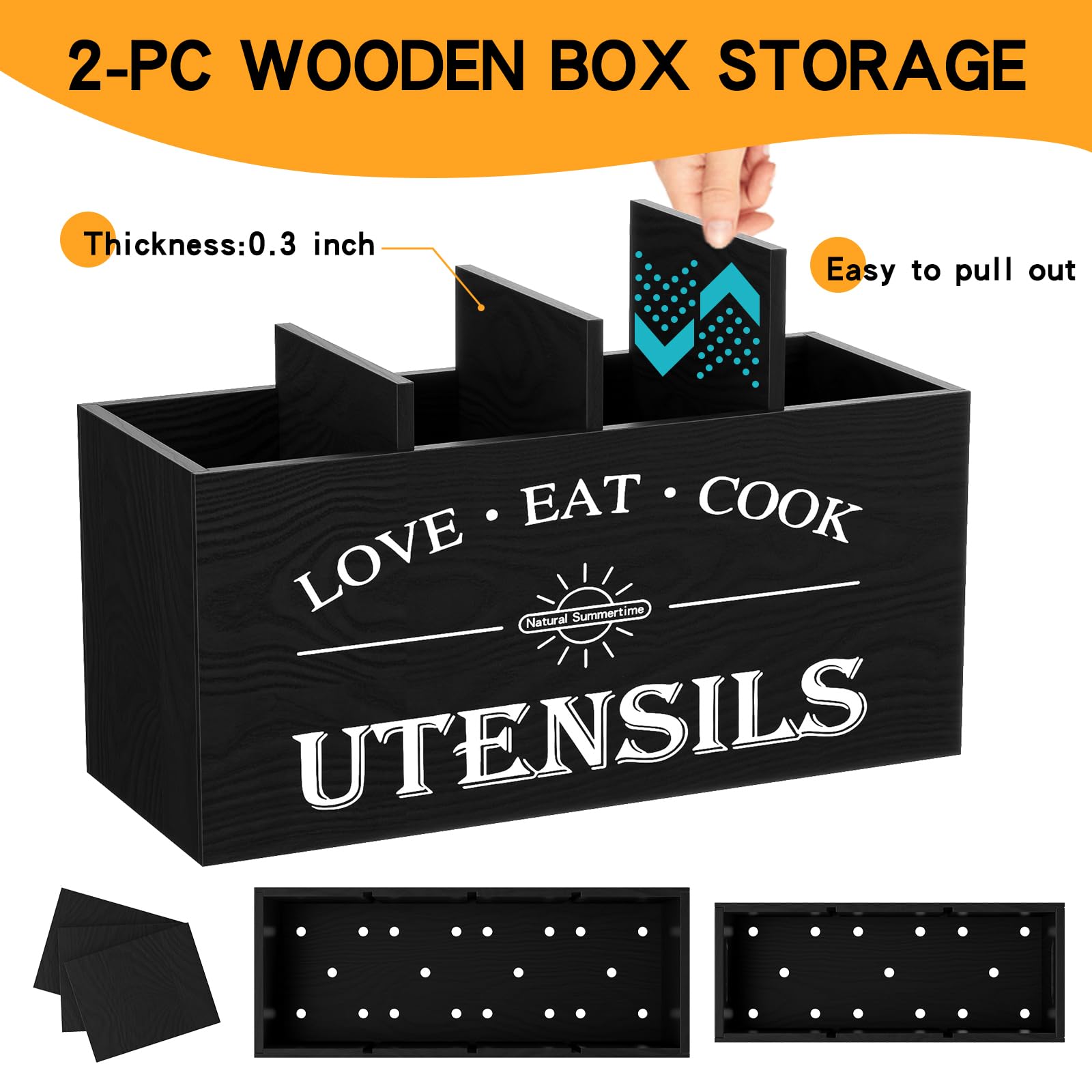 Natural Summertime 2pc kitchen utensil rack, countertop wooden utensil sorting rack, storage rack, farmhouse style cooking utensil rack with partition (Black) (Black)