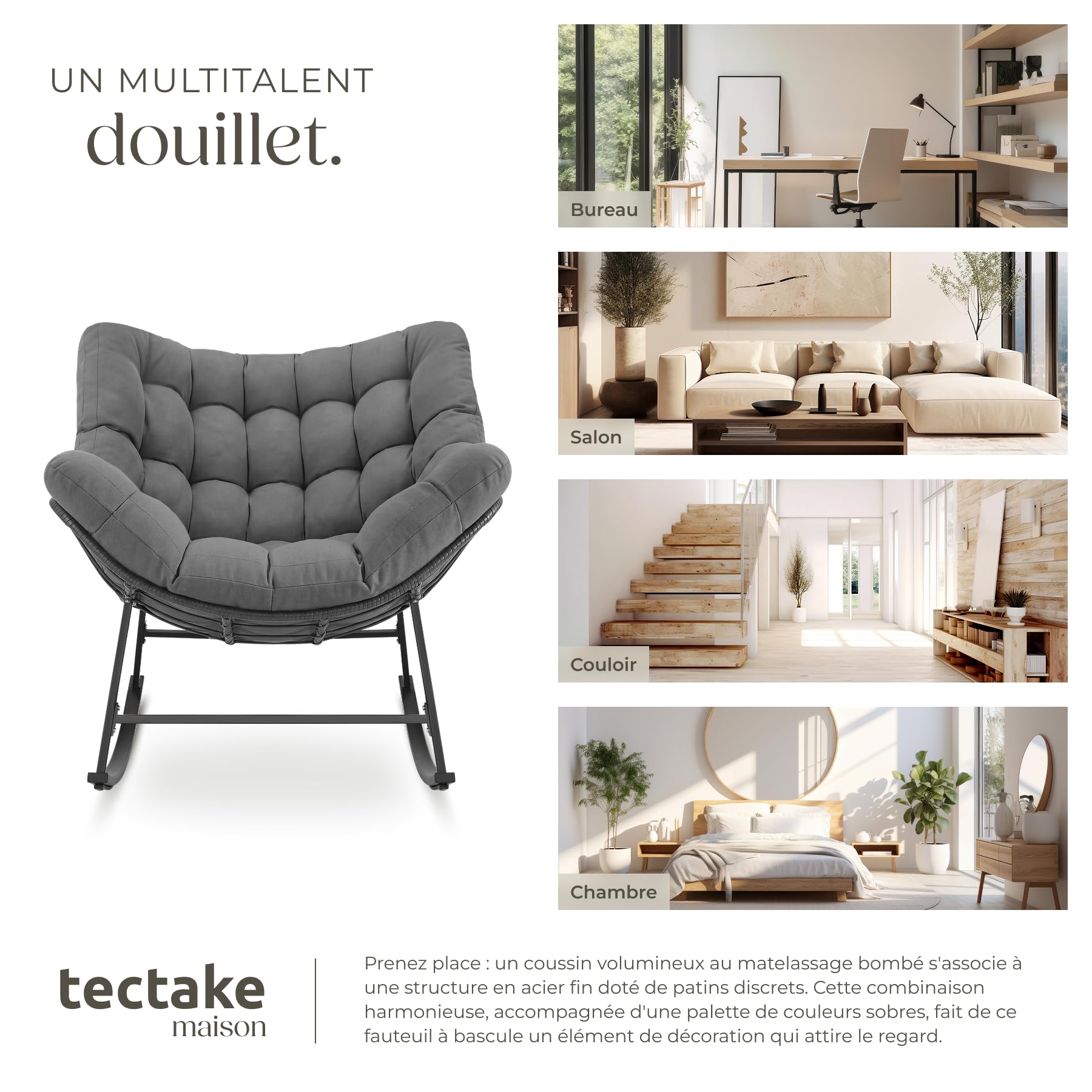 tectake® Fauteuil à Bascule 93x99.5x89 cm, Rembourrage épais avec Motif matelassé, Résistant aux intempéries, Max. 120kg, Structure en Acier, Assise en rotin tressé, Rocking Chair - Gris Anthracite