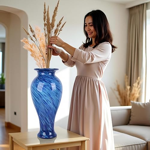 Miniatura 5 de Jarrón de vidrio azul de 20 pulgadas de alto soplado a mano para decoración del hogar, bonito y moderno jarrones de flores azul oscuro, jarrones