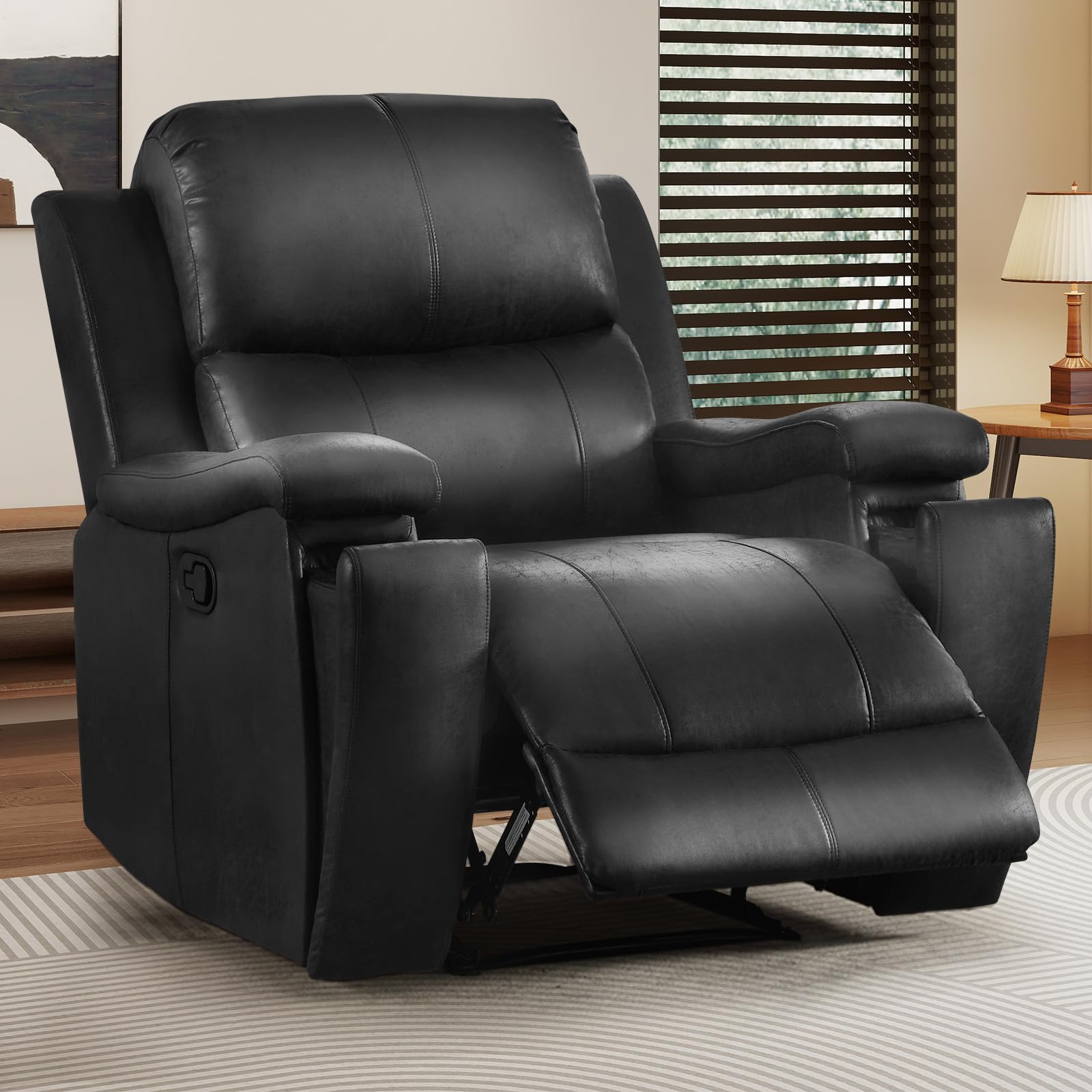 CANMOV Manual Recliner Chair, Classic Faux Leather Recliner Chair with Overstuffed Arms and Back, Manual Single Sofa with Concealed Cup Holders, Black