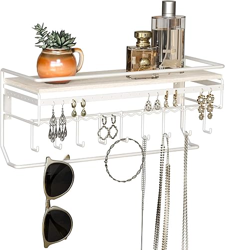 Miniatura 8 de JackCubeDesign MK237C - Organizador colgante de joyería con 9 ganchos, collar y aretes, pulsera, soporte para lentes de sol con estante de madera
