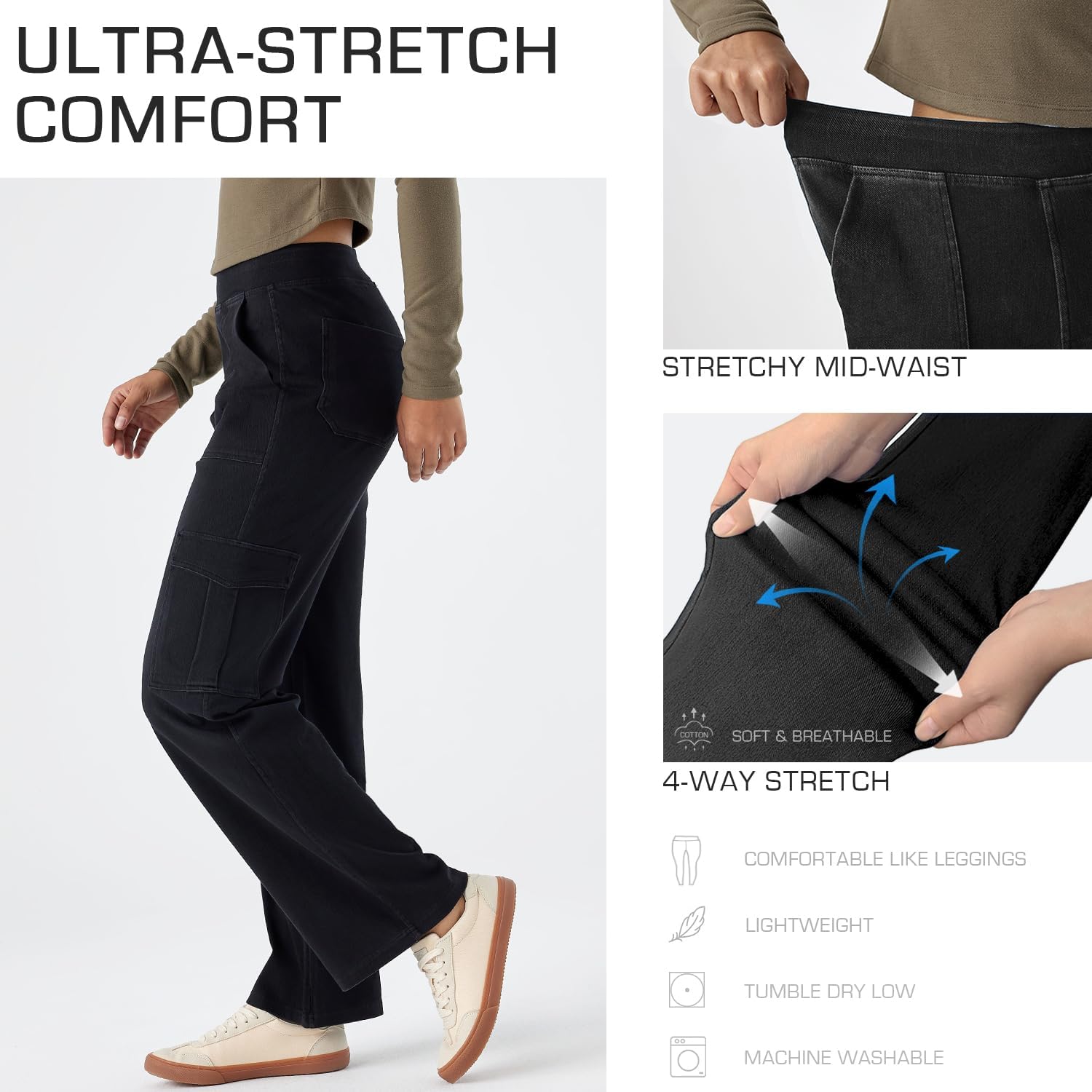 Women’s Pull-On Cargo Jeans - Mid Rise Wide Leg, Soft Stretch Denim, Comfort Fit with Pockets - Image 5