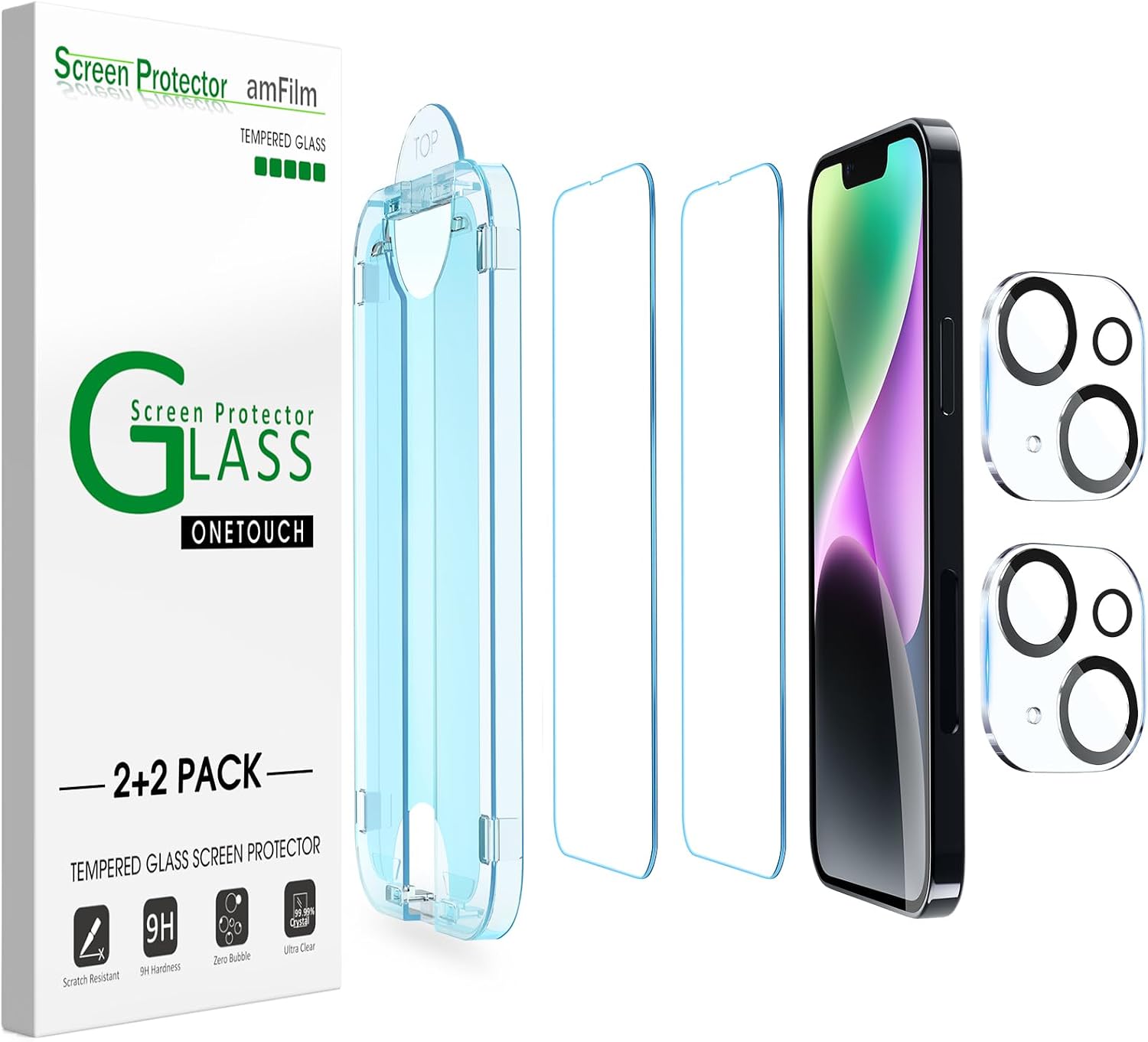 amFilm Auto-Alignment OneTouch for iPhone 14 Plus [6.7''] Screen Protector + Camera Lens Protector, Tempered Glass, 30 Seconds Installation, Bubble Free, Case Friendly, Anti-Scratch 2 Pack