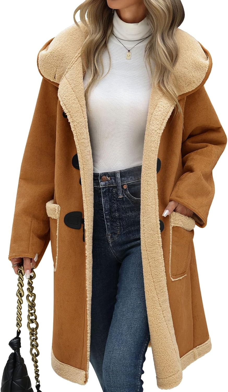 Women's Faux Suede Coat Sherpa Fleece Lined Oversize Duffle Coat Winter Mid-Length Hooded Toggle Jacket with Pockets