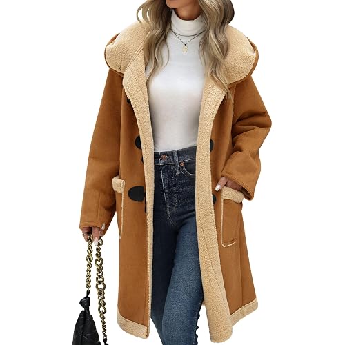 UMIPUBO Women's Faux Suede Coat Sherpa Fleece Lined Oversize Duffle Coat Winter Mid-Length Hooded Toggle Jacket with Pockets