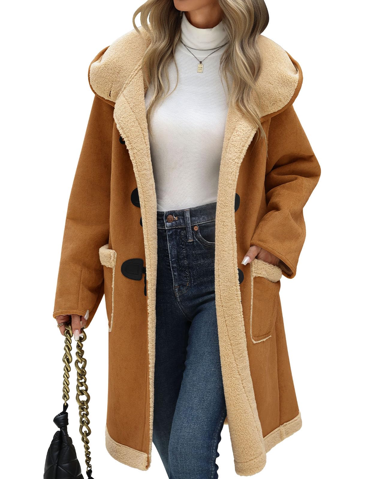 Women Suede Sherpa Fleece Lined Duffle Faux Leather Coat Mid Length Hooded Toggle Jacket with Pockets