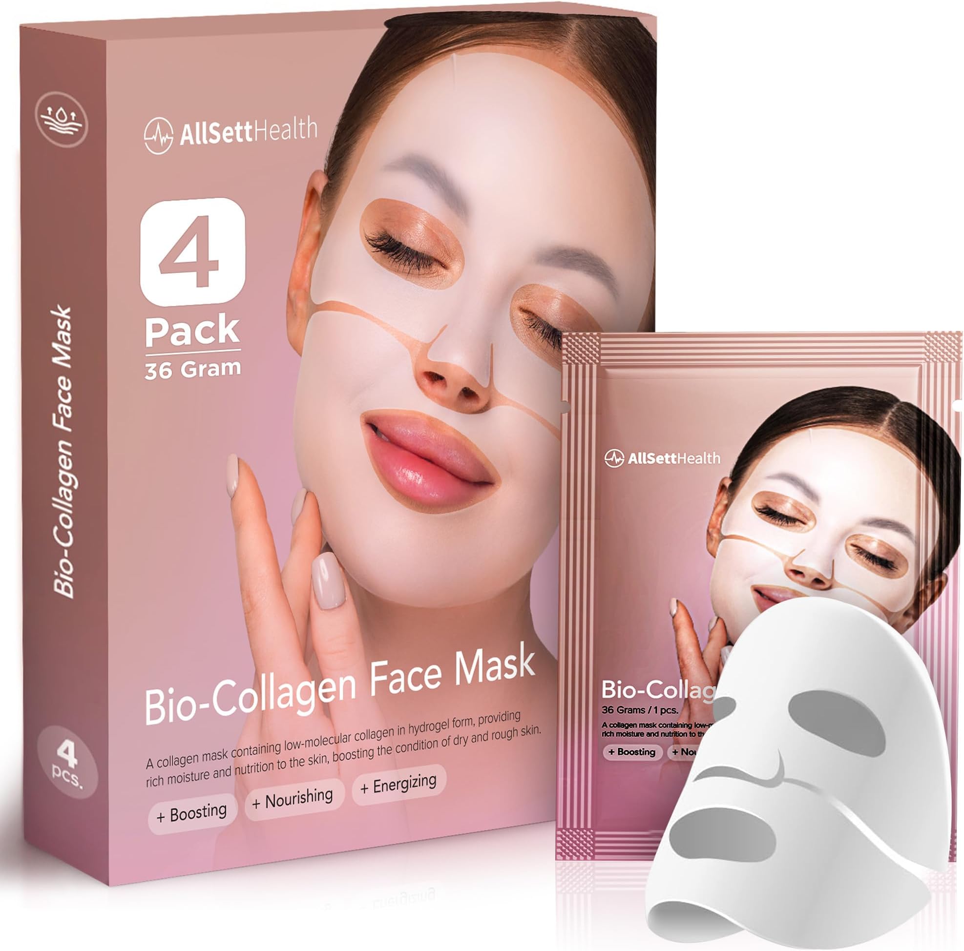 AllSett Health Bio Collagen Face Mask Skin Care Deep Collagen Overnight Mask 36g Mask (4 Pack) | Korean Technology Skincare Pure Collagen with Pore Minimizing Deep Hydrating Firming Hydrogel