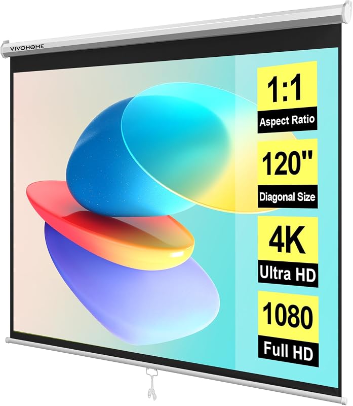 VIVOHOME 120 Inch 1:1 Pull Down Projector Screen, White | Manual Retractable 4K Projection Screen for Home Theater, Roll Up ALR Movie Screen for Ceiling and Wall Mount
