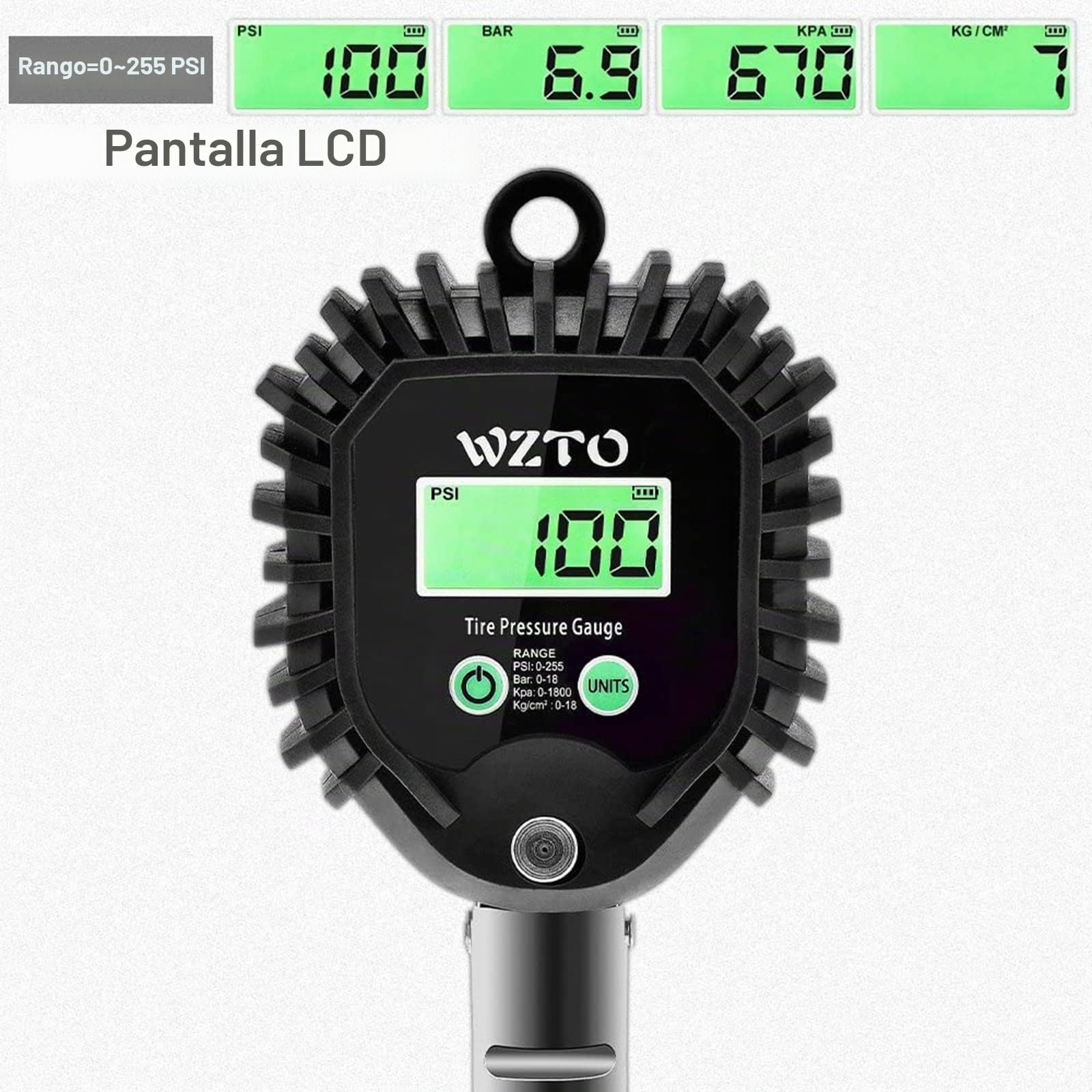 Manometro Presion Neumaticos Digital, 255 PSI Manómetro Digital Inflador Ruedas Coche con Manguera de Goma Manómetro para Coche Moto Bicicleta y Camión - Garantía de 2 Años