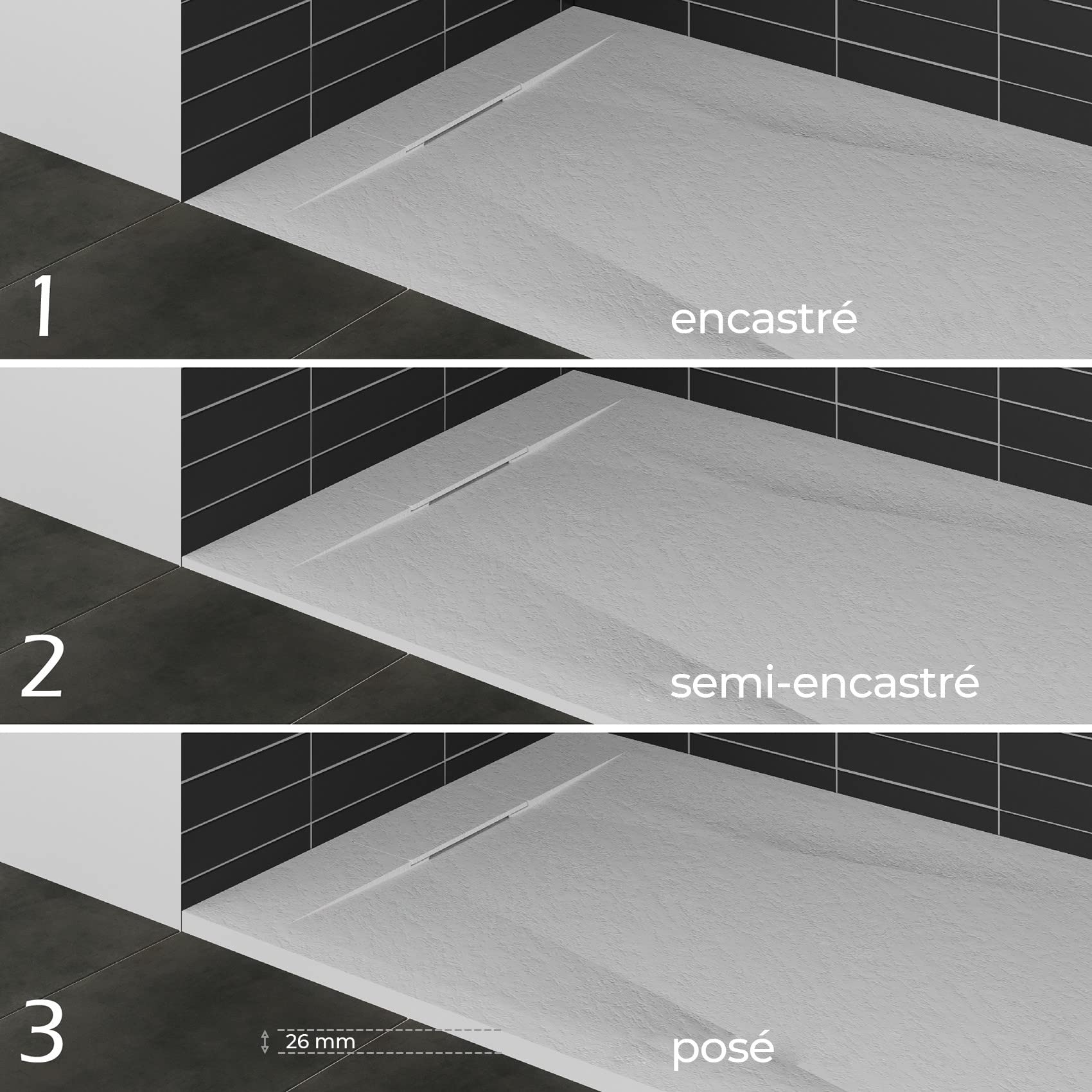 POLAR Receveur de douche blanc extra-plat antidérapant texture pierre 90 x 120 cm + bonde