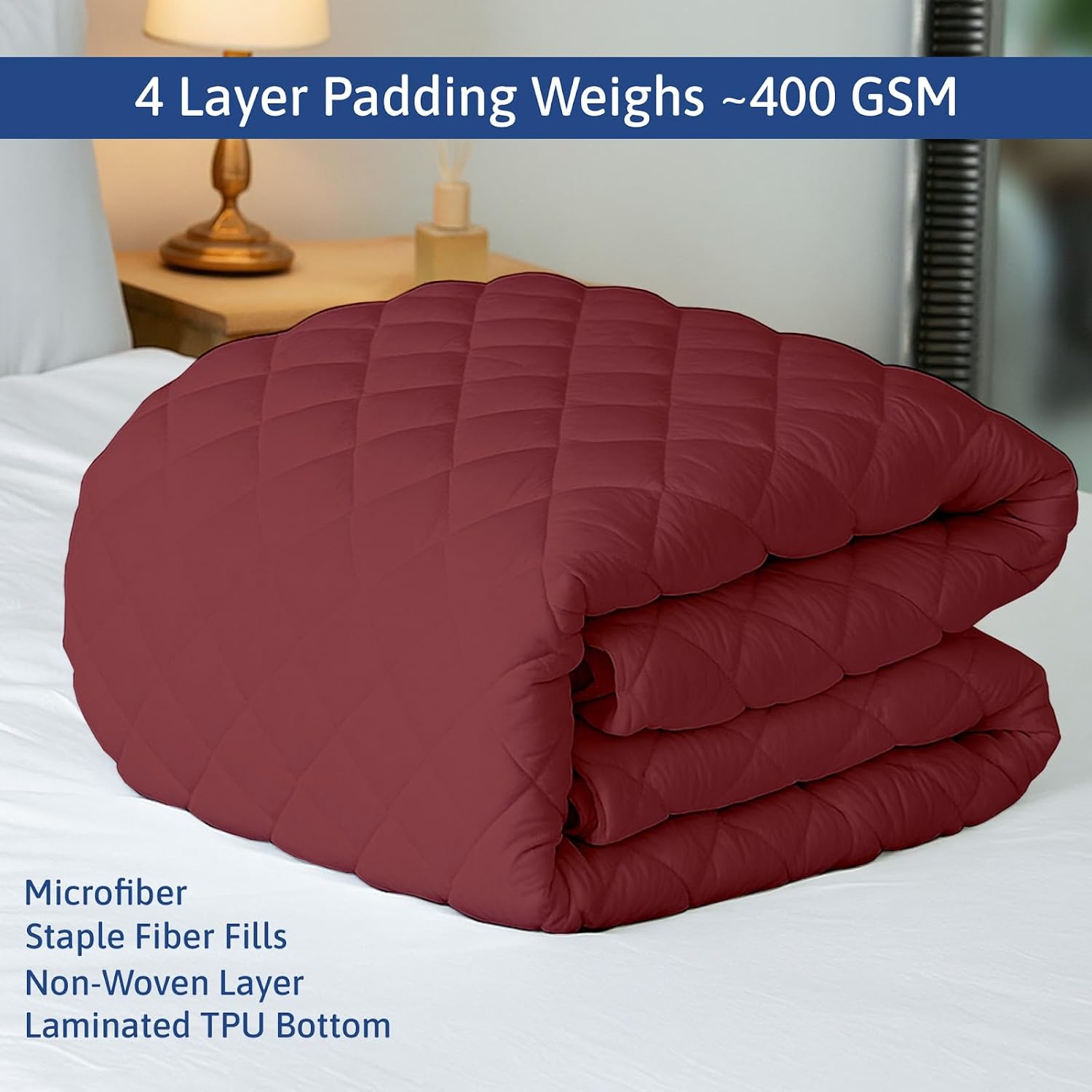 400 GSM Waterproof Mattress Pad, Quilted Mattress Protector with Microfiber Top, TPU Backing, 21" Deep Pocket, Noiseless, Breathable Bed Cover, Fitted Mattress Topper, Burgundy, Twin