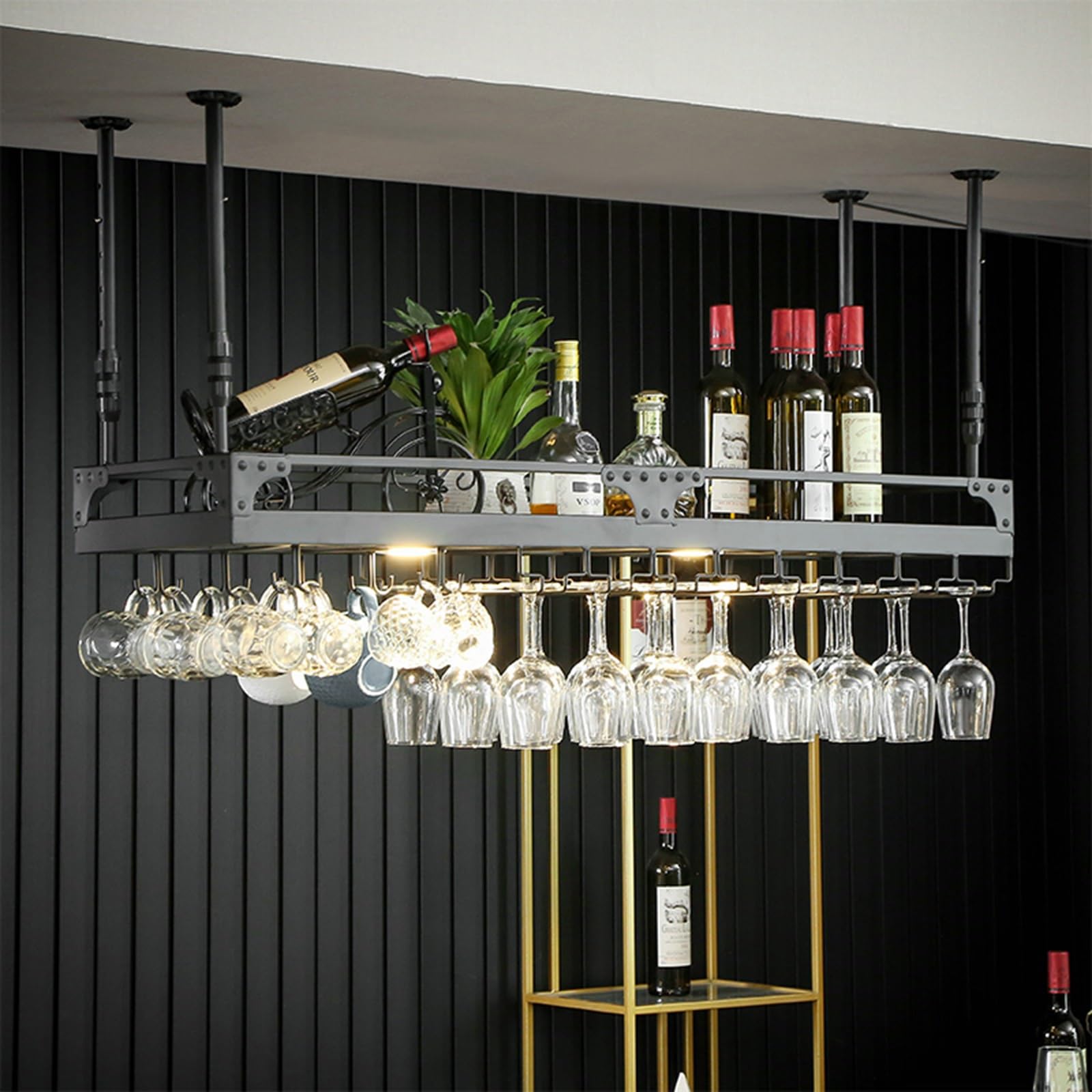 Étagère à vin flottante industrielle LED en métal pour bouteilles et verres