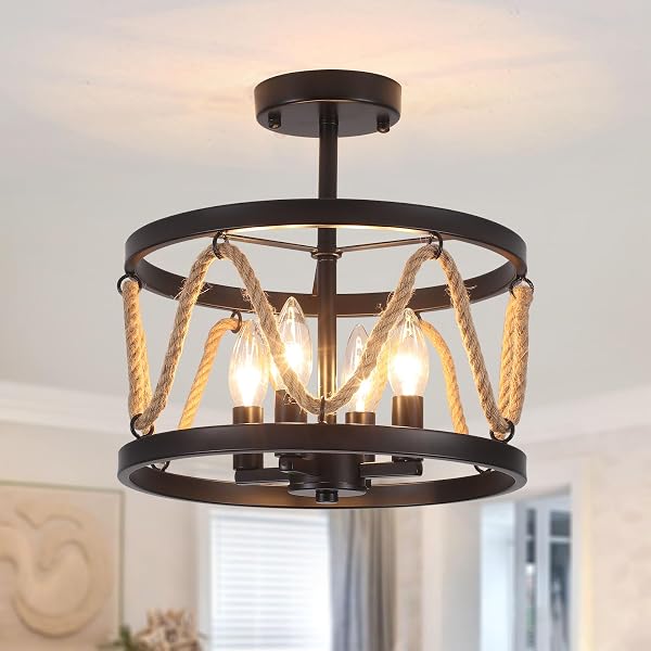 Black Ceiling Lights Living Room, 4-Light Chandeliers Ceiling Light, Rustic Industrial Semi Flush Mount Light Fittings, Chandelier for Hallway, Lounge, Kitchen, Bedroom, Dining Room - 1
