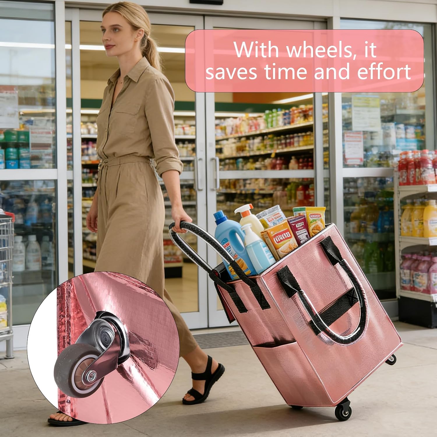 Chrees Reusable Grocery Bag on Wheels, Shopping Trolley, Foldable Shopping Cart, Grocery Bag on Wheels, Large Capacity Multifunctional Portable Collapsible Shop Rolling Bag for Shop