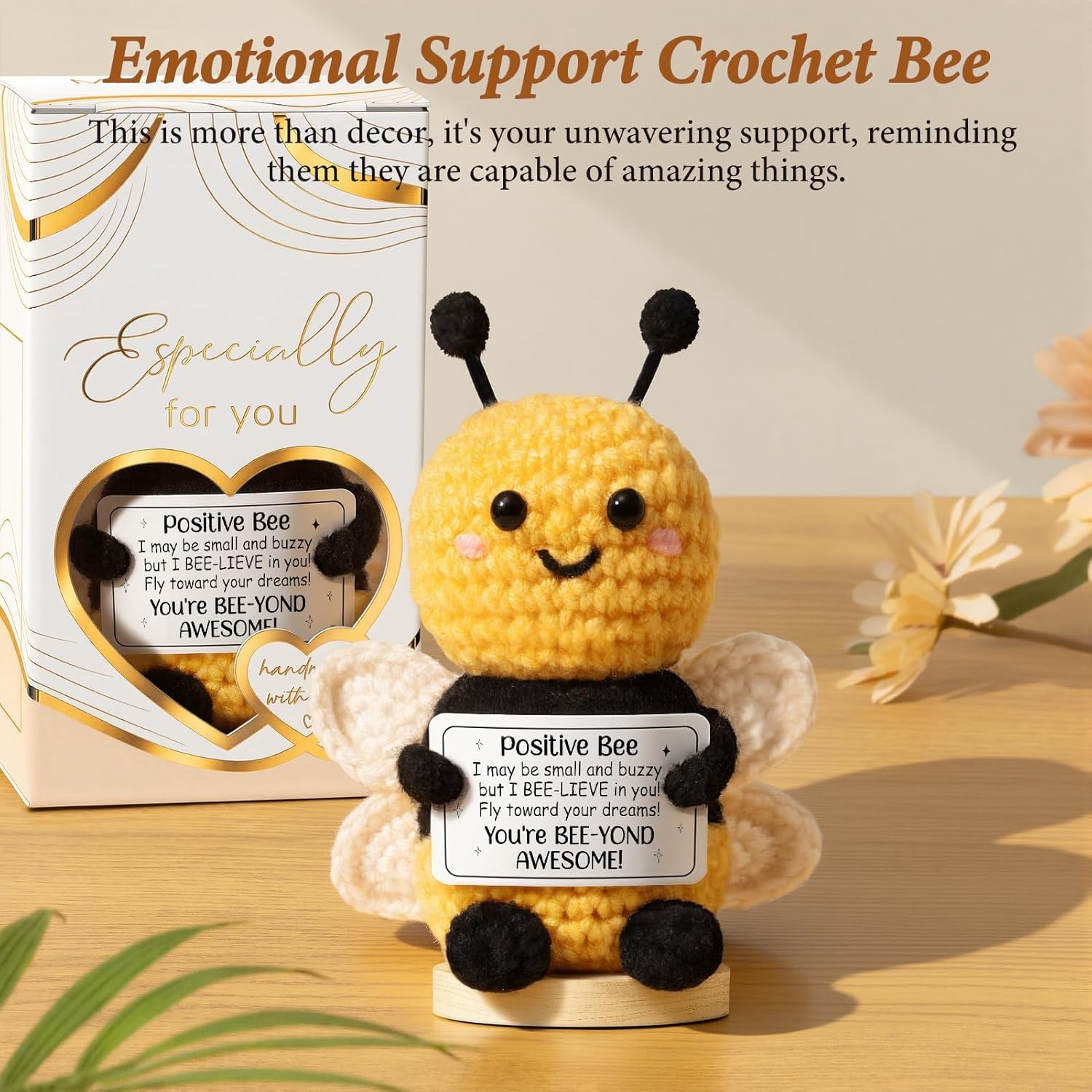 Emotional Support Crochet Positive Bee Inspirational Cheer Up Gifts for Women, Handmade Positive Crochet Bee Gift Thank You Birthday Valentines Teacher Appreciation Gifts for Coworker Nurse Mom Friend - Image 3