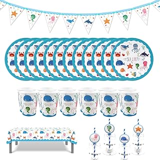 47 Piece Sea Life Marine Animals Theme Party Supplies, Kids Birthday Party Decoration Tableware Pack, Including Banner, Plate, Cup, Straw, Table cover, Serves 12 Guests