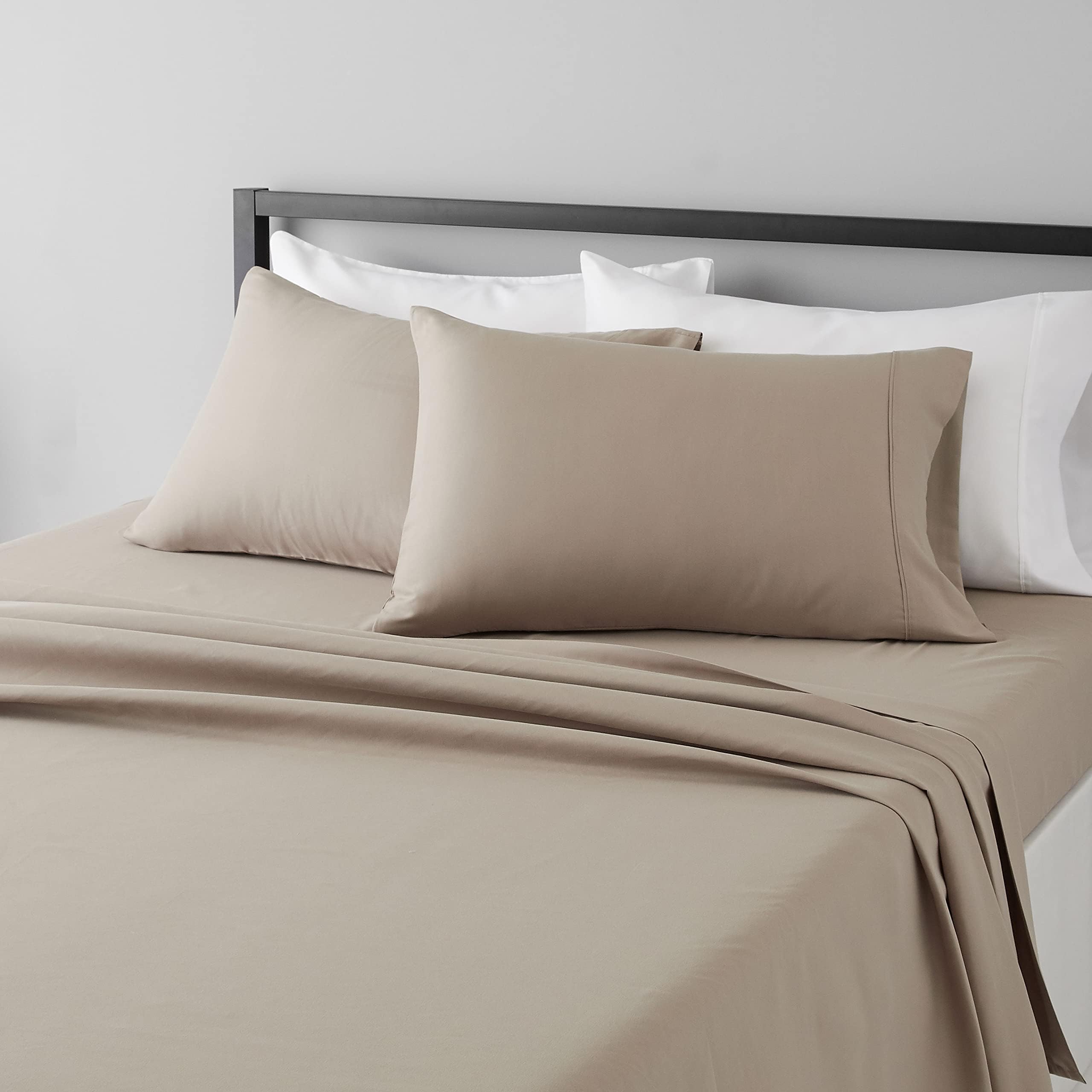 Amazon Basics Lightweight Super Soft Cooling, Breathable Wrinkle Resistant Brushed Microfiber 4-Piece Sheet Set with 14-Inch Deep Pockets, Queen, Taupe, Solid