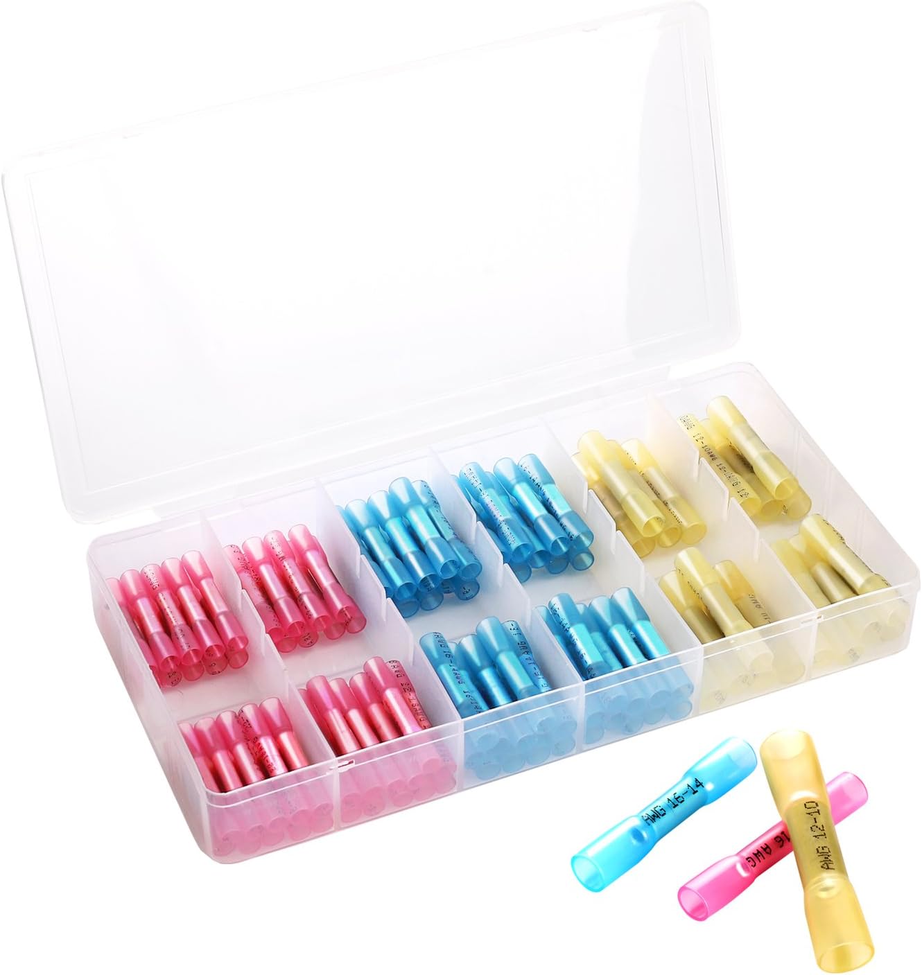 100pcs Heat Shrink Butt Connectors, Insulated Crimp Electrical Terminal Kits Waterproof Marine Automotive Wire Connectors