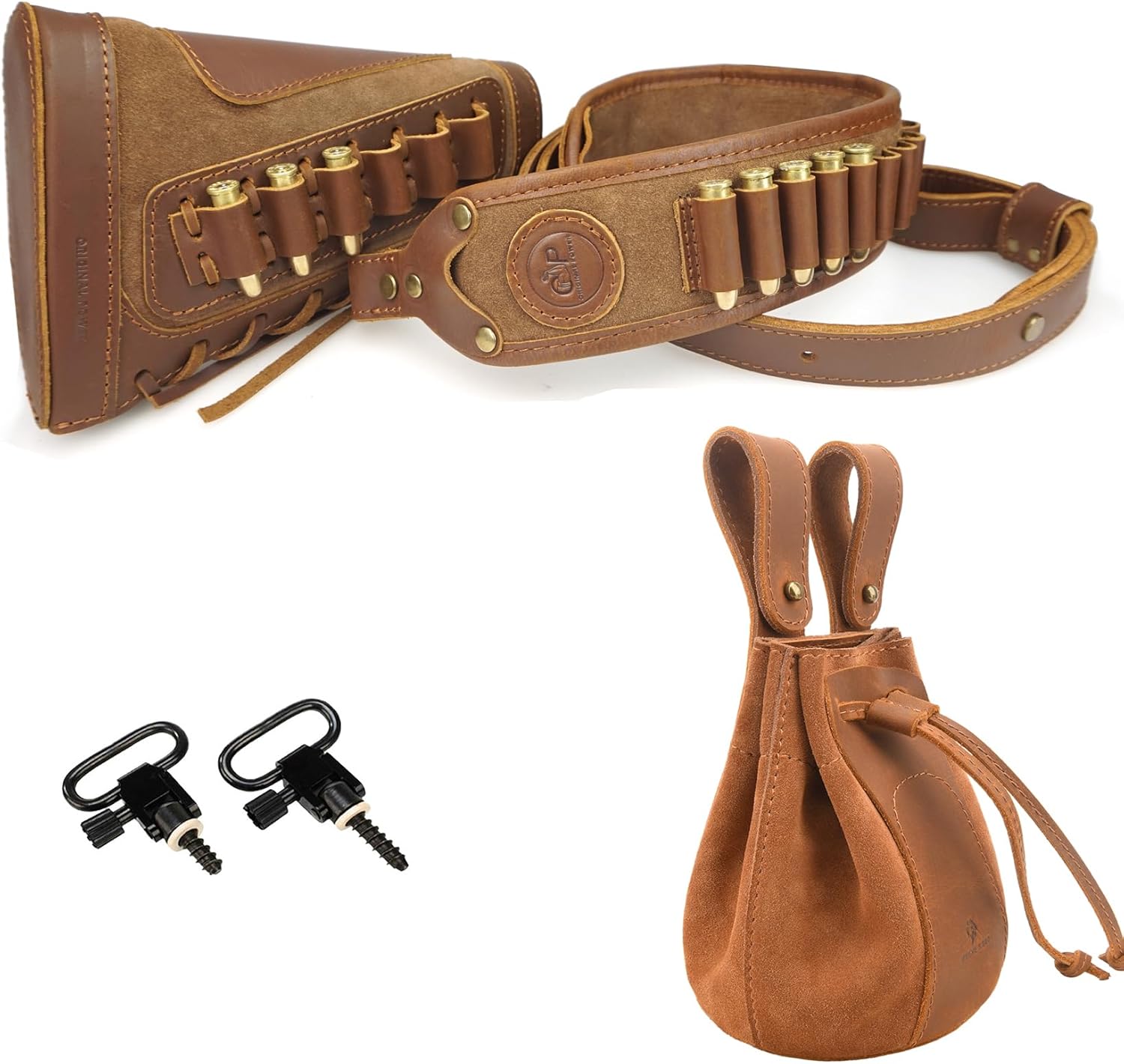 Brown Cheek Rest pad with Gun Sling & Swivels for 45-70 .308, Drawstring Ammo Pouch Bag